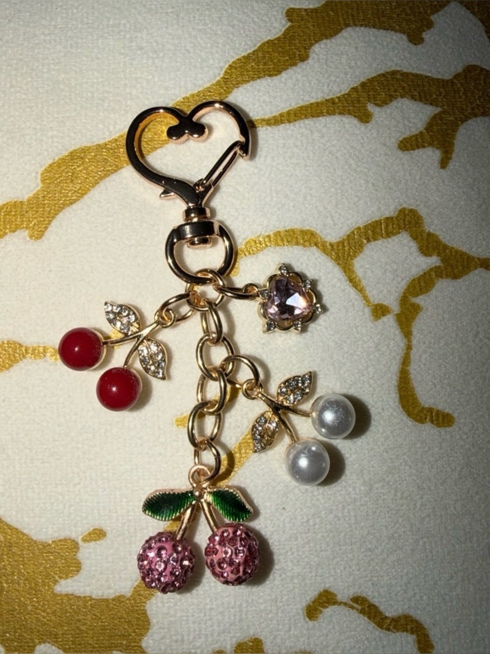 Bag Charm in Gold Tone with Red, Pink and White Cherries 🍒